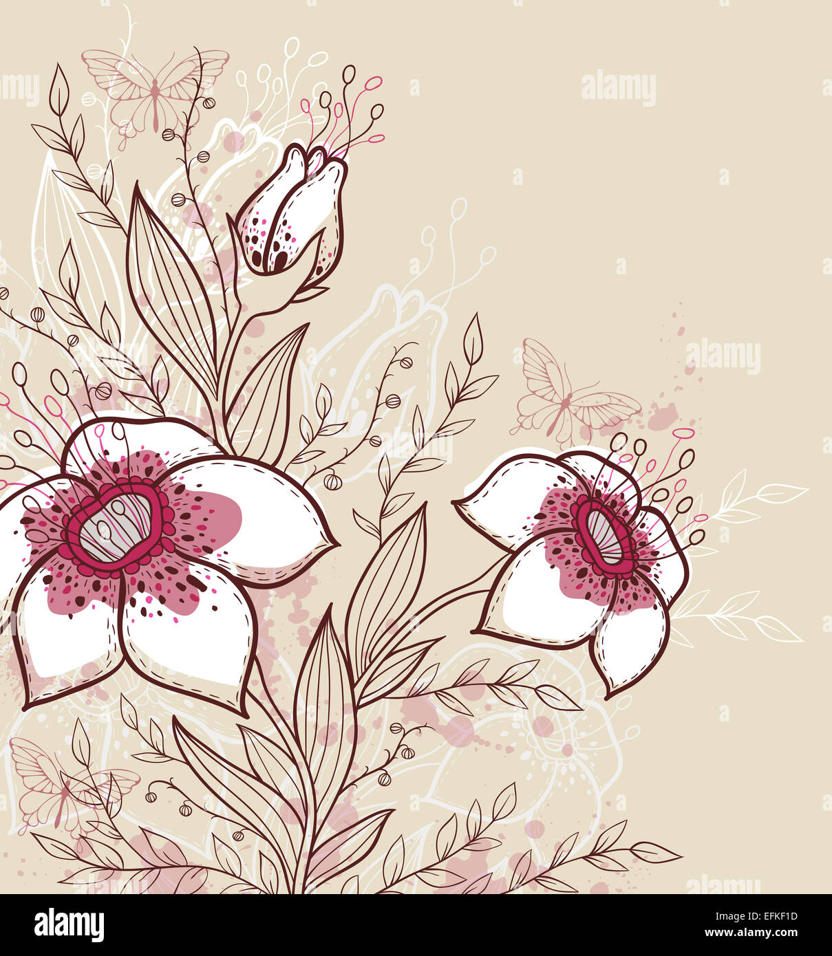 Hand drawn decorative background with red flowers Stock Photo - Alamy