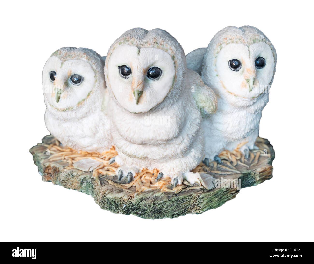 Border Fine Arts figurine depicting three young barn owls or owlets, isolated on a white background Stock Photo