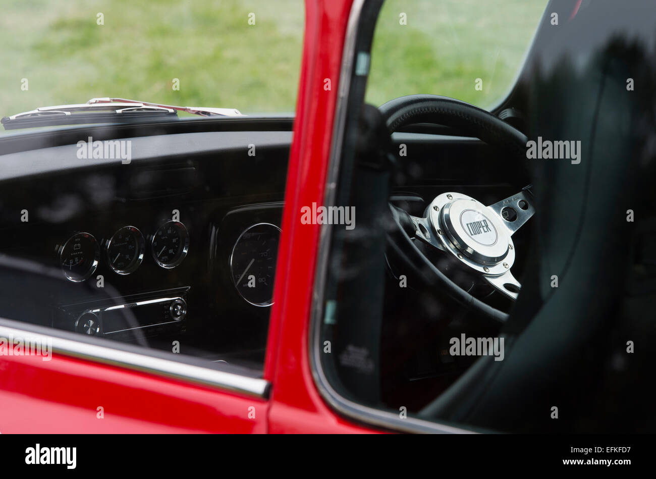 Austin Mini Cooper S Car steering wheel. Classic british car Stock Photo
