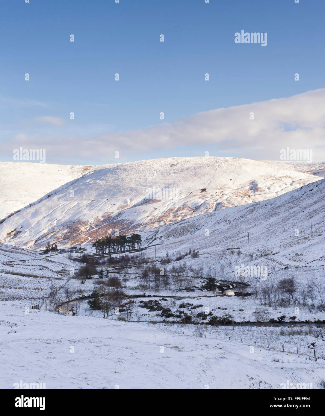 Snow covered Yarrow valley mountains in winter. Scottish borders. Scotland. Stock Photo