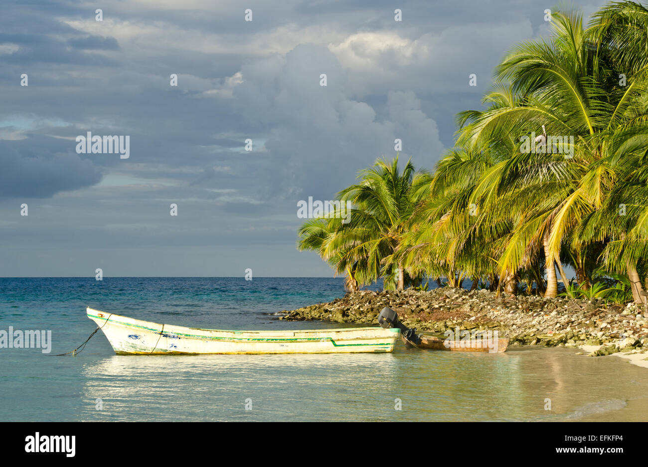 Island caretaker's boat, Pompion Island, Belize Caribbean. Stock Photo