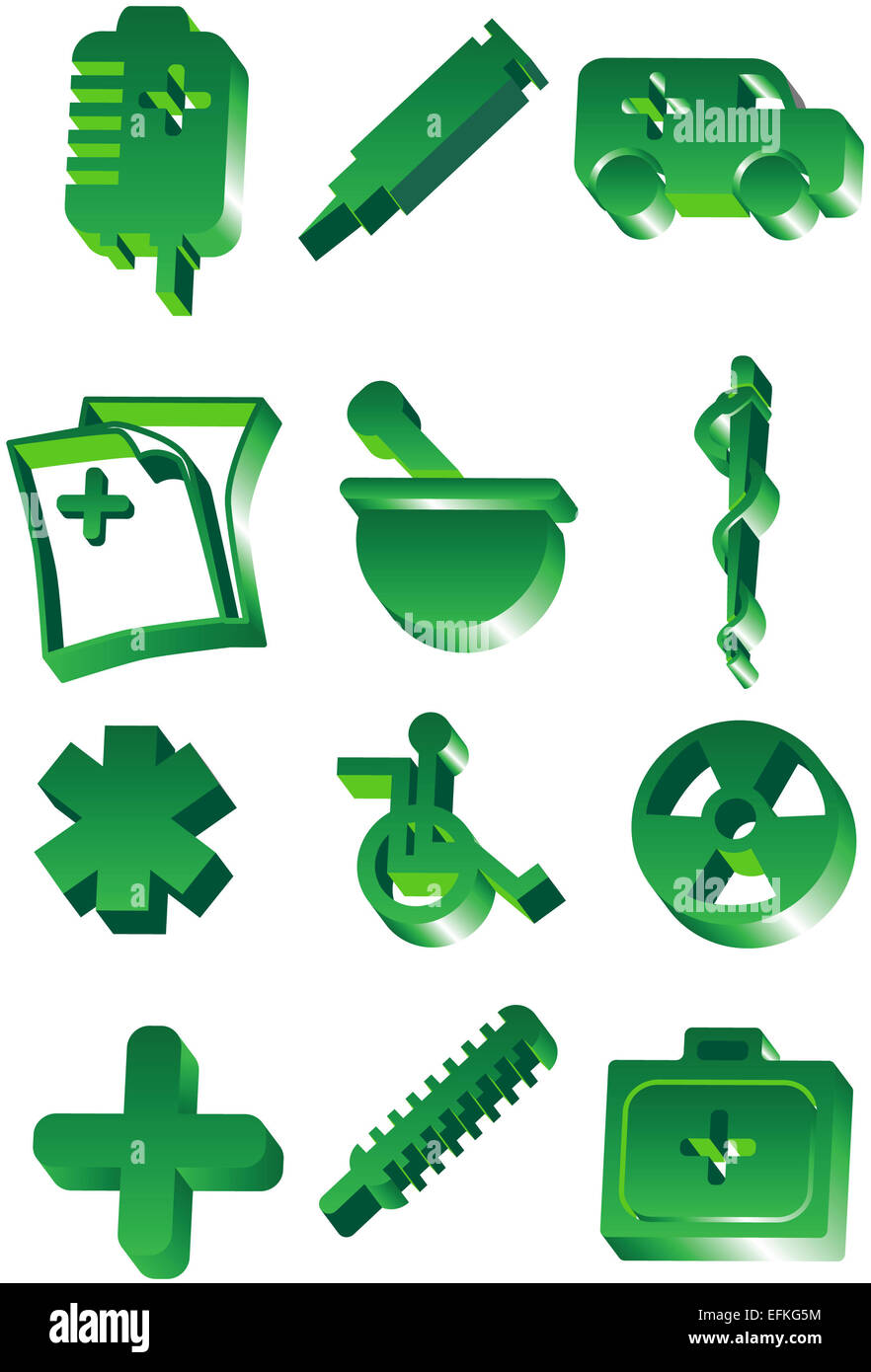 Set of green medical themed icons in a 3D style. Stock Photo