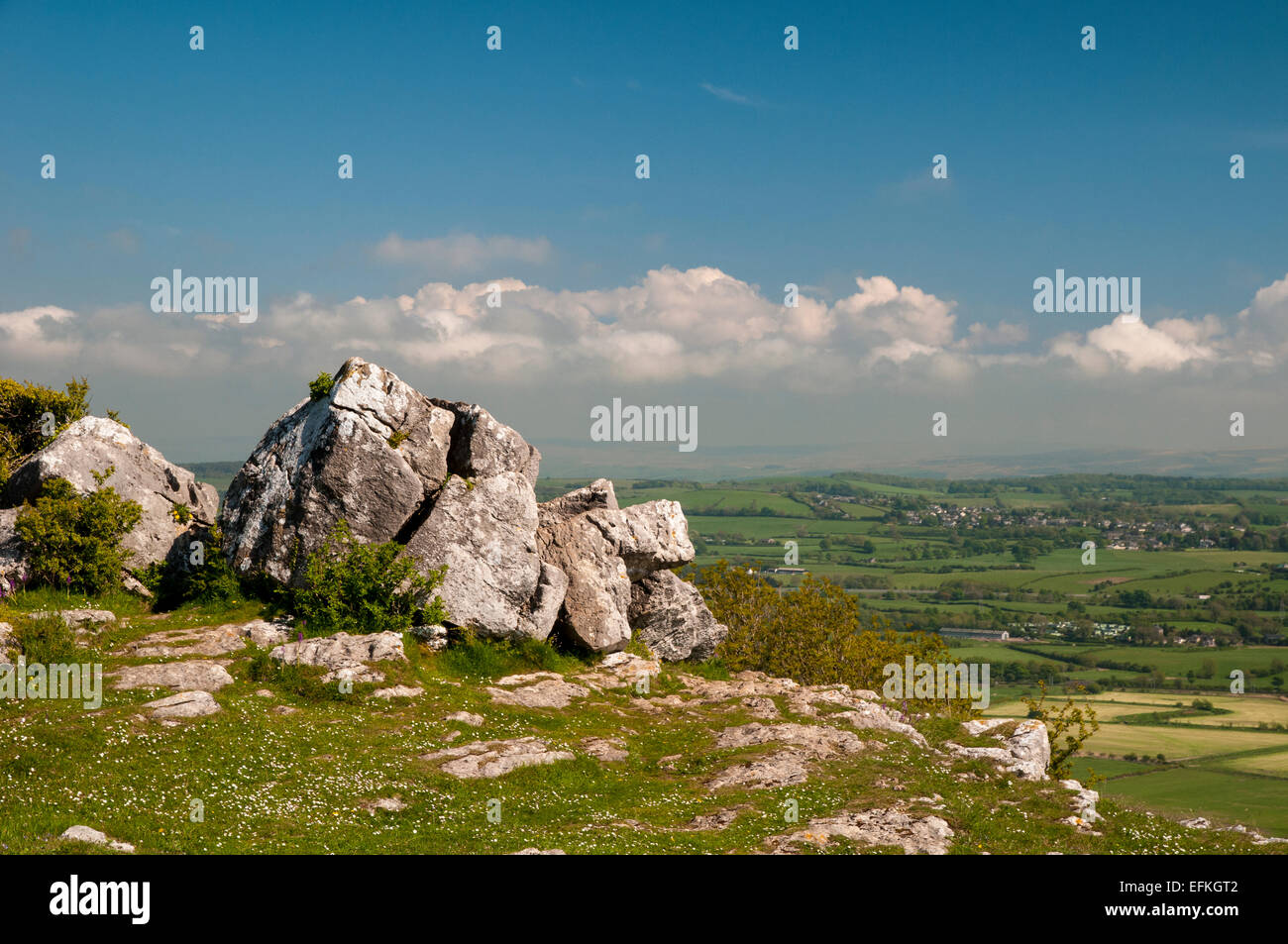 The view towards Warton from the top of Warton Crag in Cumbria. May. Stock Photo