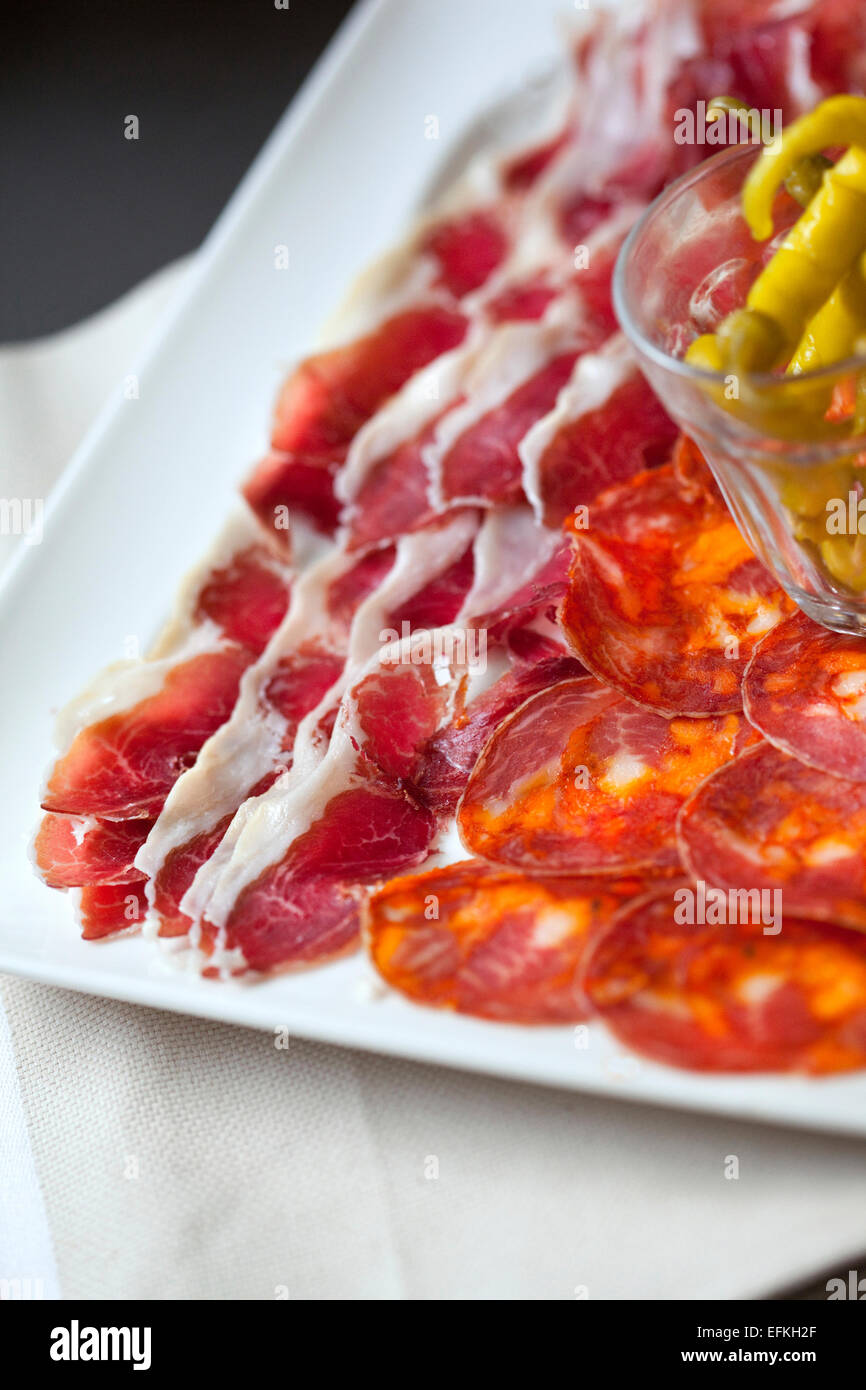 Ham and chorizo on a plate Stock Photo Alamy