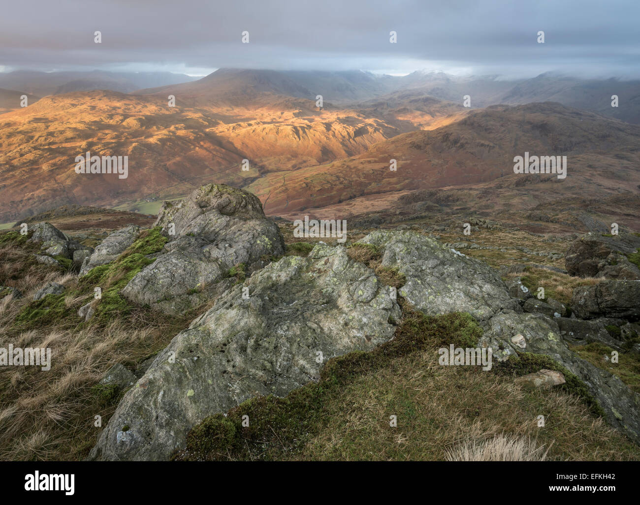 View over Eskdale and Hardknott from Harter Fell, English Lake District national park Stock Photo