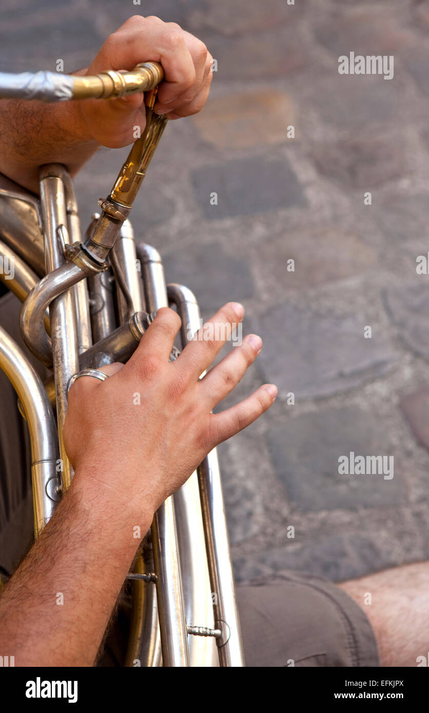 Musician playing tuba in a marching band Stock Photo Alamy