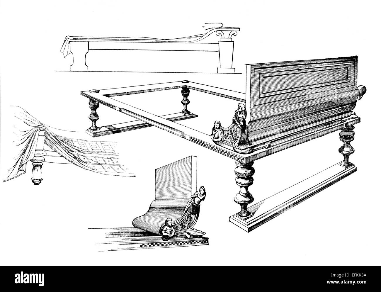 Victorian engraving of the design of classical Greek couches. Digitally restored image from a mid-19th century Encyclopaedia. Stock Photo