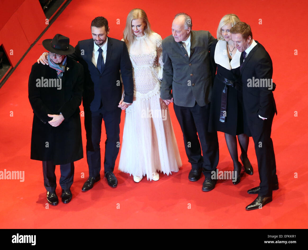 Berlin, Germany. 06th Feb, 2015. Berlinale-Director Dieter Kosslick (L-R), US-actor James Franco, Australian actress Nicole Kidman, German director Werner Herzog, his wife Lena and British actor Damian Lewis arrive for the screening of 'Queen of the Desert' during the 65th annual Berlin Film Festival, in Berlin, Germany, 06 February 2015. The movie is presented in the Official Competition of the Berlinale, which runs from 05 to 15 February 2015. PHOTO: KAY NIETFELD/dpa/Alamy Live News Stock Photo