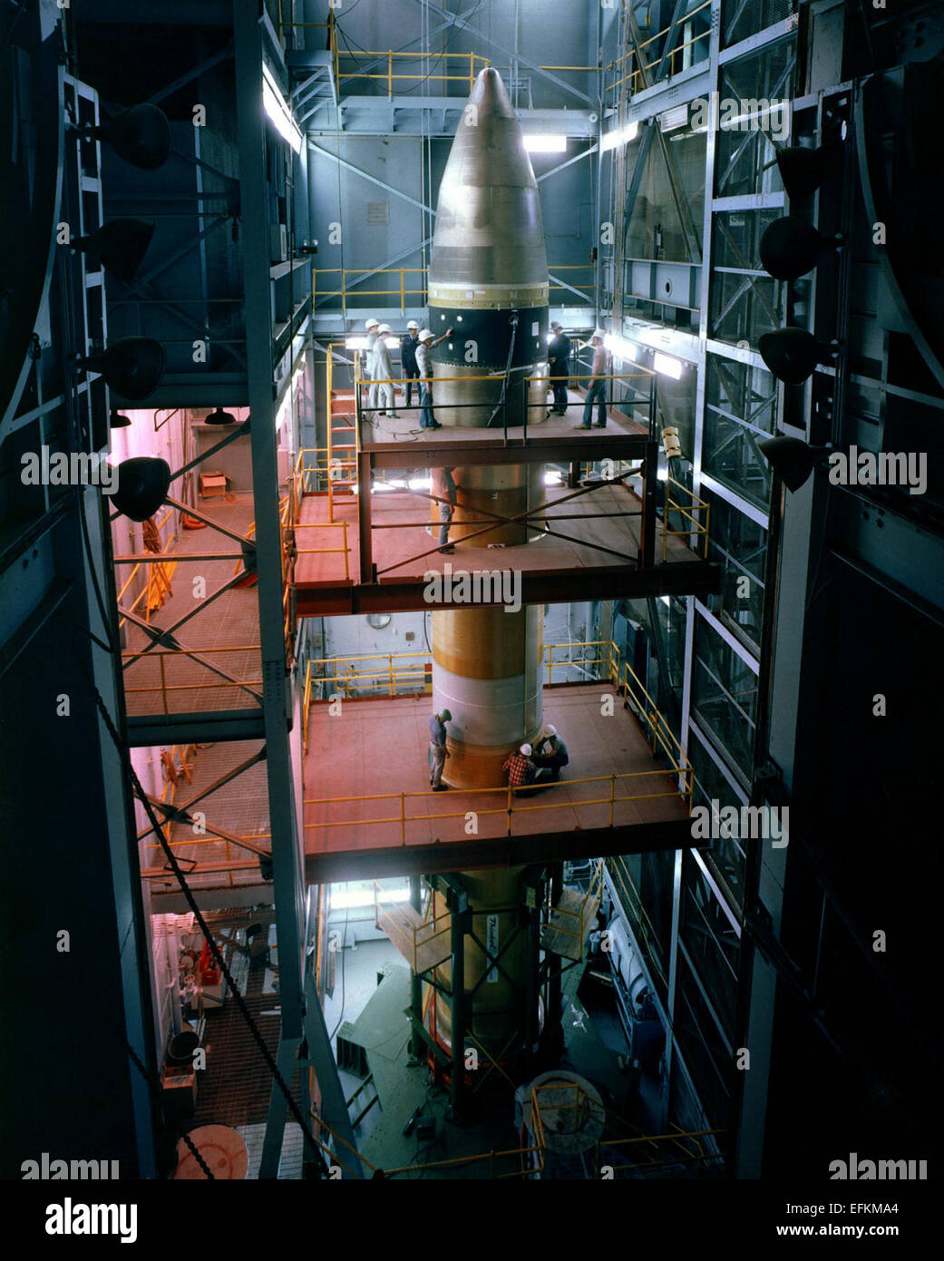 A US Air Force view of the MX Peacekeeper intercontinental nuclear ballistic missile assembled in the silo at Vandenberg Air Force base August 23, 1983 in Vandenberg, California. Stock Photo