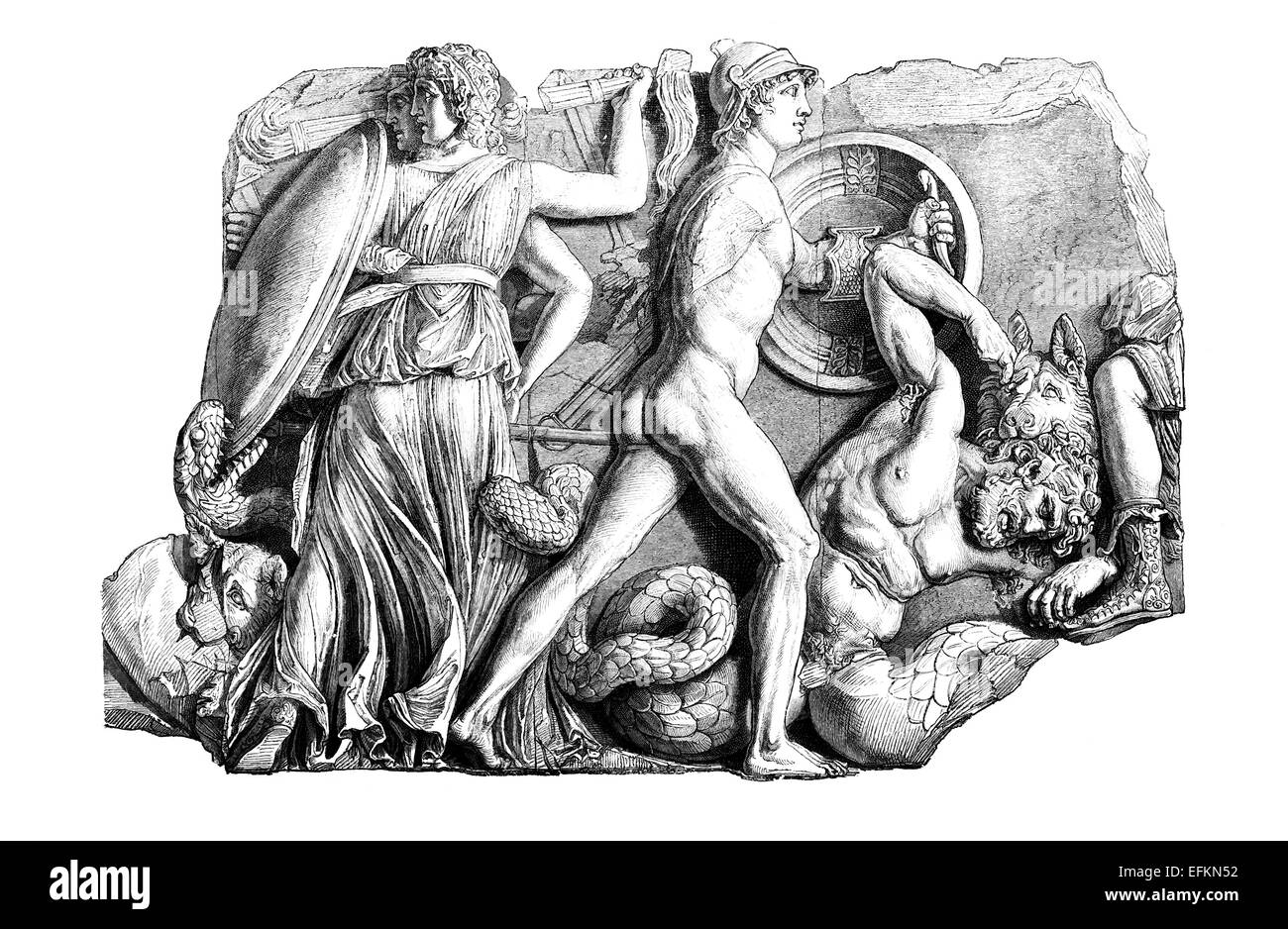Victorian engraving of a frieze from the Pergamon Altar. Digitally restored image from a mid-19th century Encyclopaedia. Stock Photo