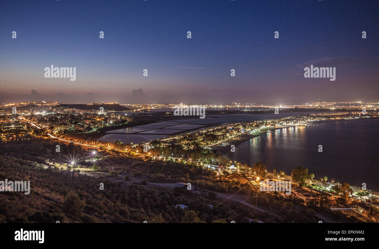 View of coast at night, Cagliari, Sardinia, Italy Stock Photo