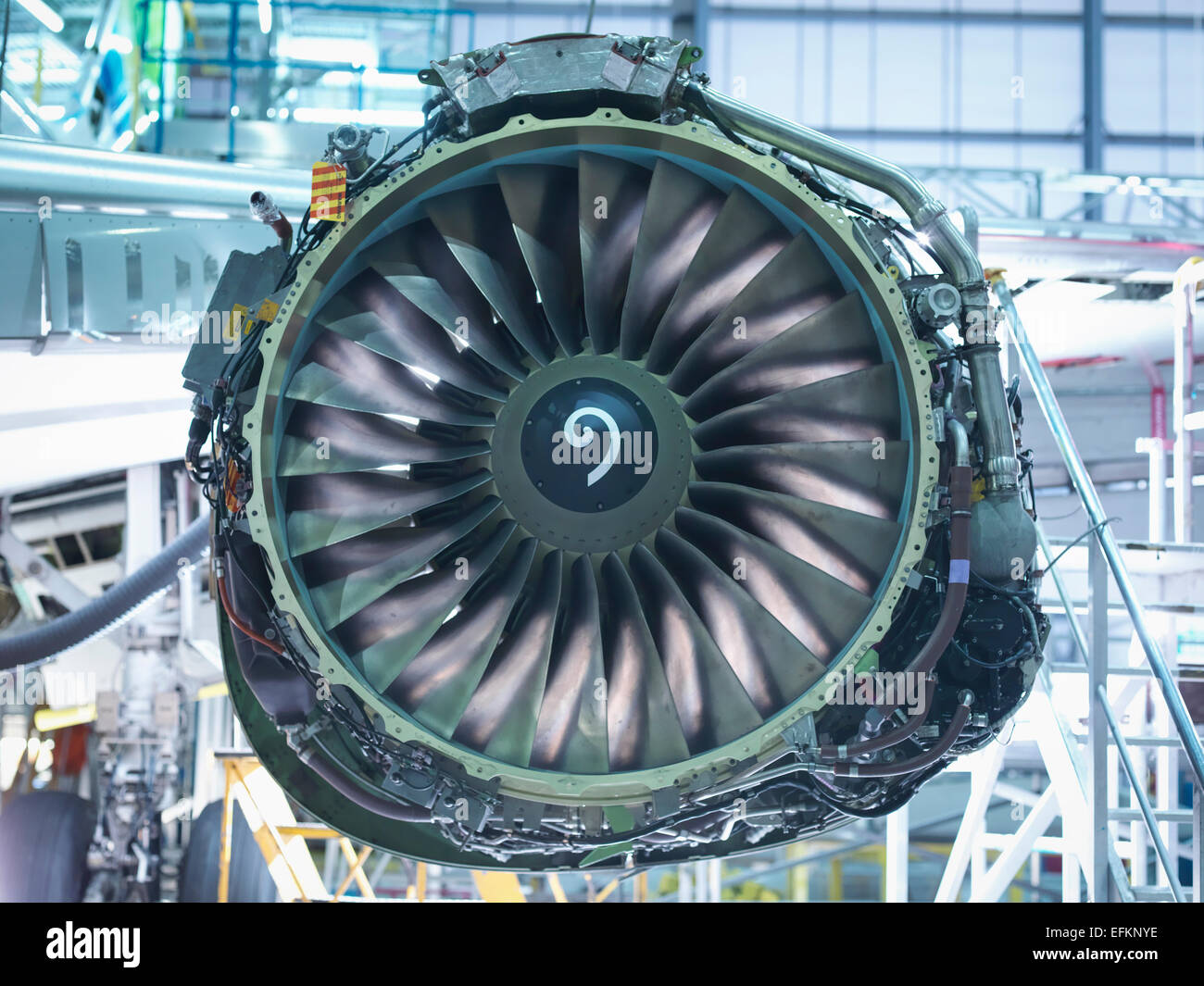 Detail of jet engine in aircraft maintenance factory Stock Photo