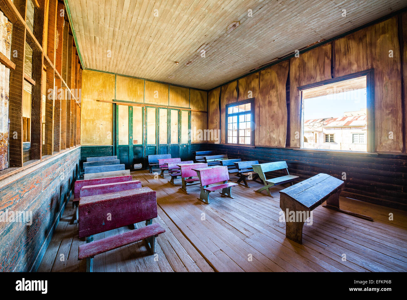 Restored schoolhouse in the UNESCO World Heritage ghost town of Humberstone, Chile Stock Photo
