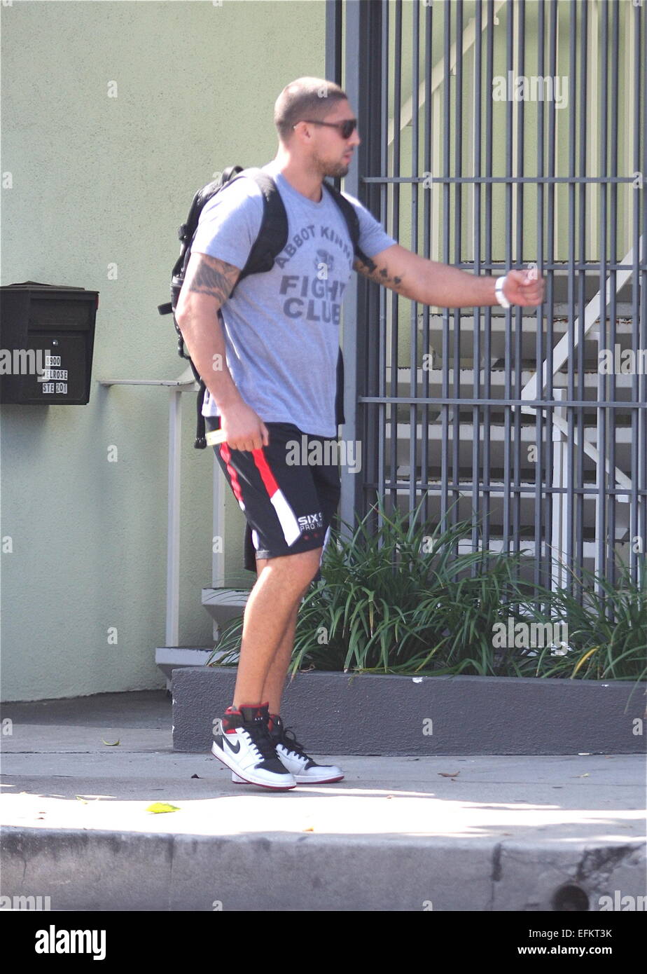 Brendan Schaub, wearing an Abbot Kinney Fight Club t-shirt, goes to the gym in Hollywood  Featuring: Brendan Schaub Where: Hollywood, California, United States When: 04 Aug 2014 Stock Photo
