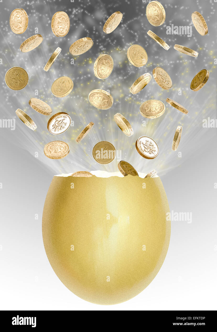 money, pound coins exploding from golden egg. Financial payout jackpot concept. Stock Photo