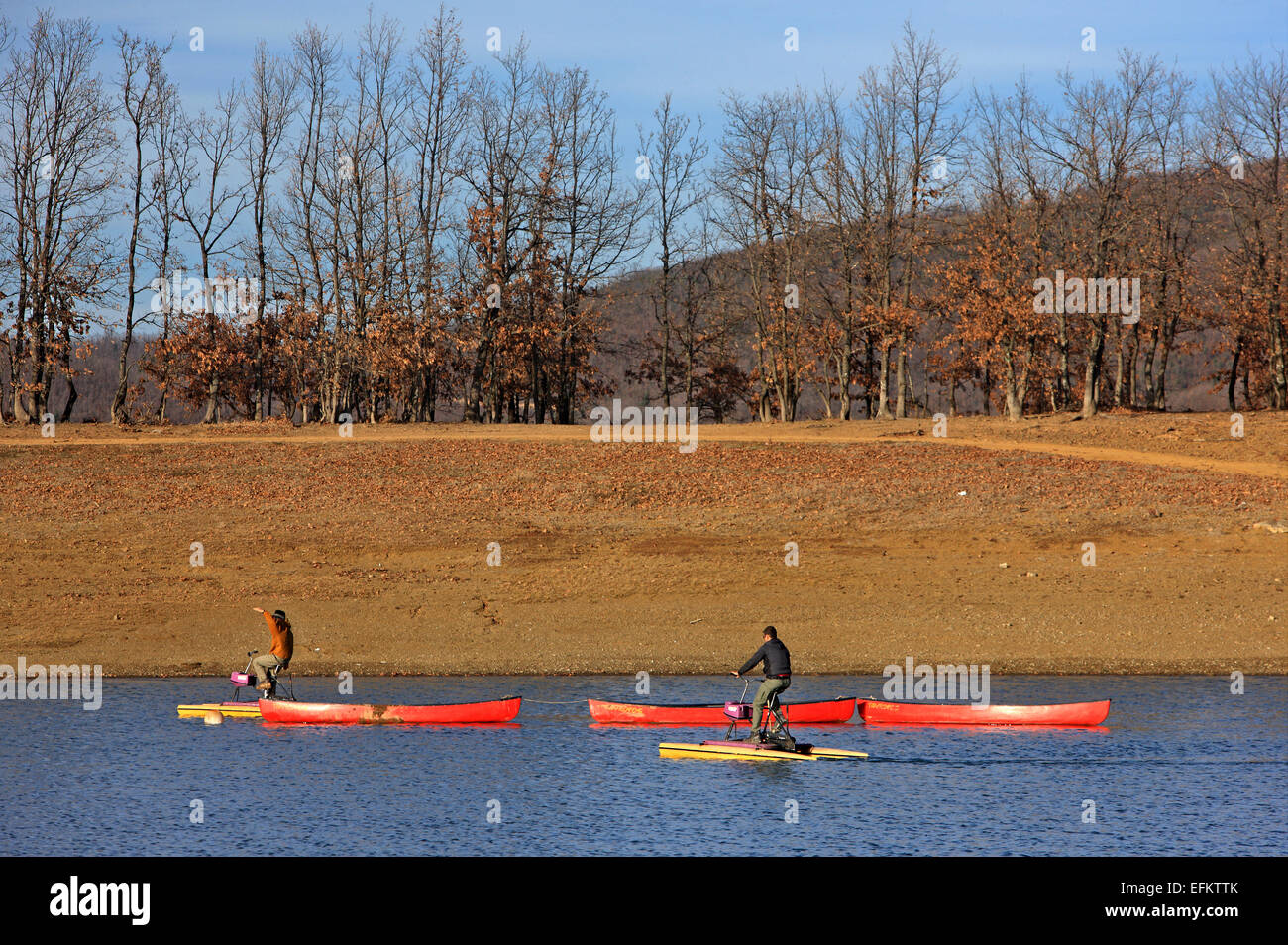 Water sports and activities at Kalyvia Pezoulas, Plastiras lake, Agrafa mountains, Karditsa, Thessaly, Greece. Stock Photo