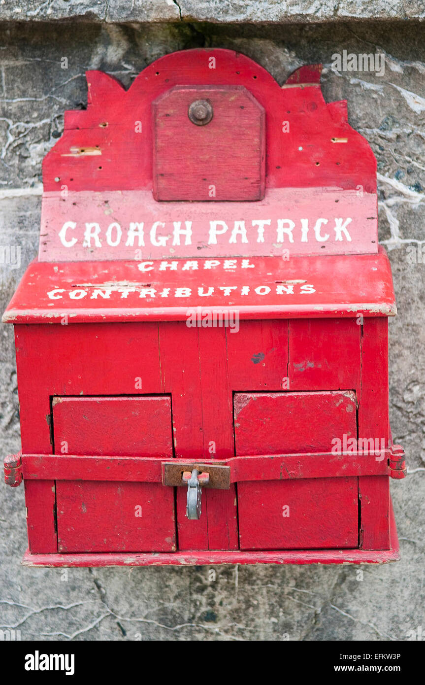 Collection box at the bottom of Croagh Patrick mountain for chapel contributions. Stock Photo