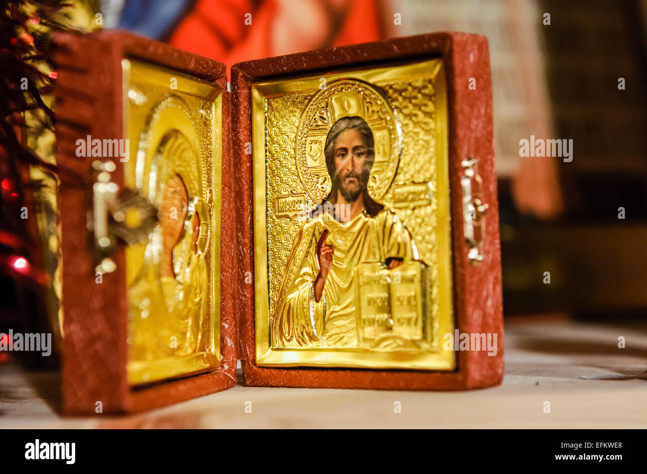 Religious artifacts and decorative items for sale at a market stall