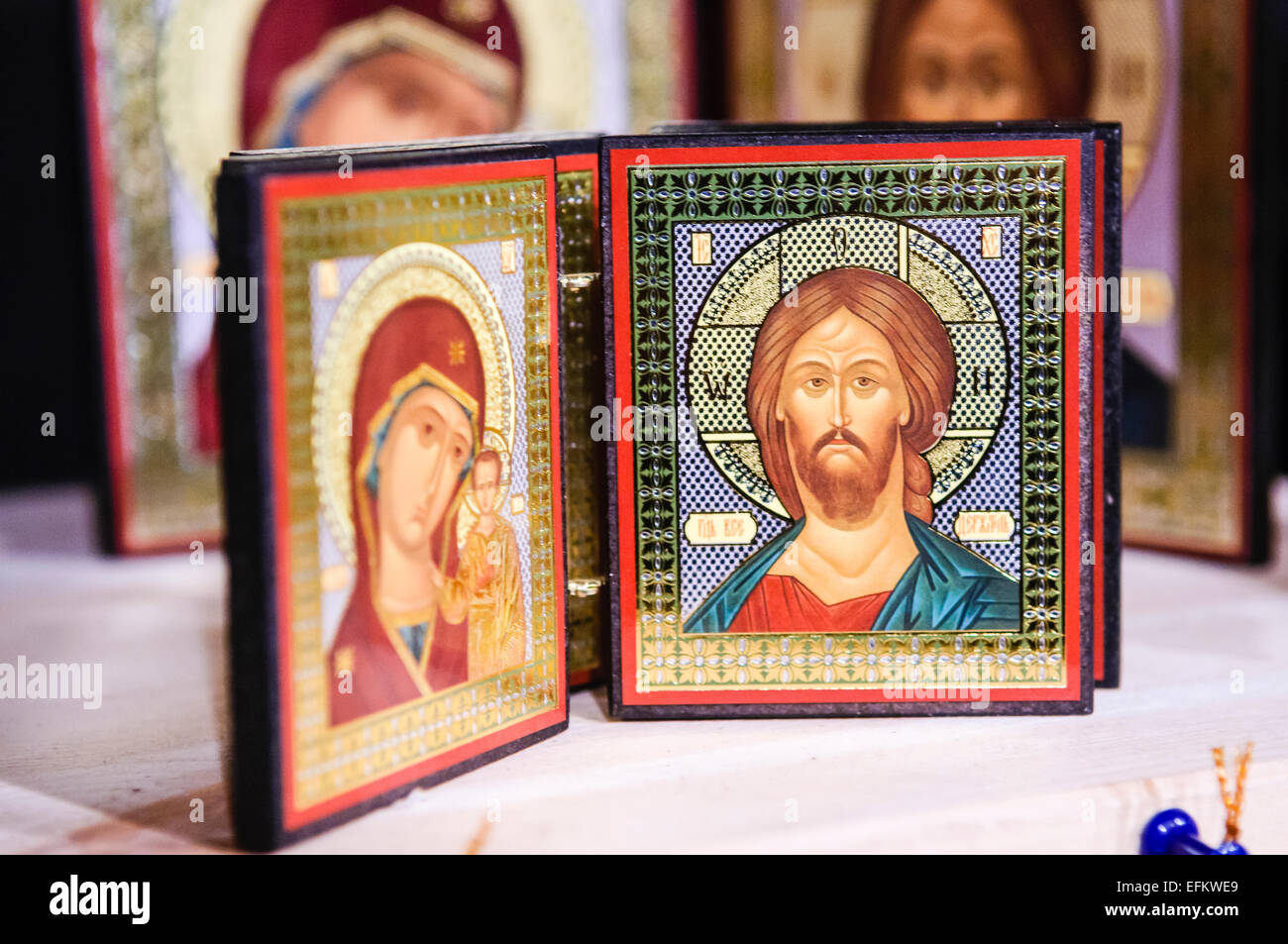 Religious artifacts and decorative items for sale at a market stall