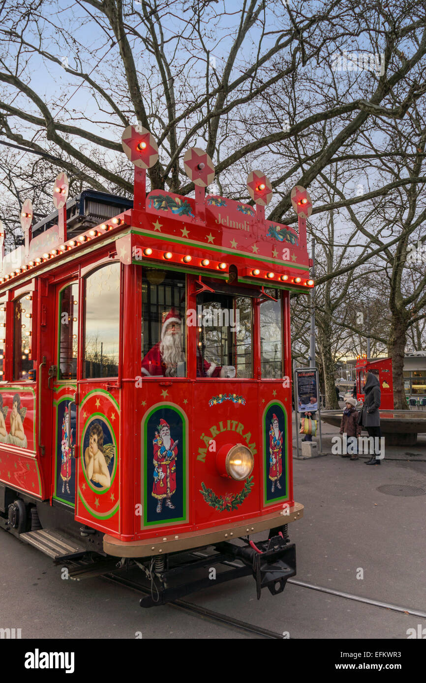 Christmas Tram, Maerlitram, Santa Claus, Zurich, Switzerland Stock Photo
