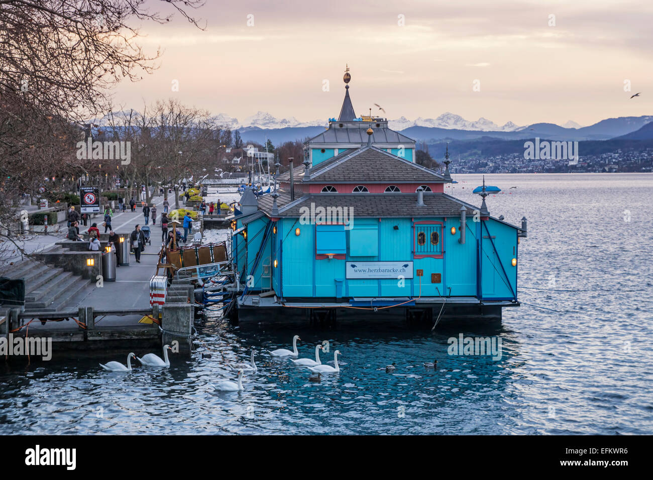 Herzbaracke Boat Theater at Zurich lake in Winter, Switzerland Stock Photo