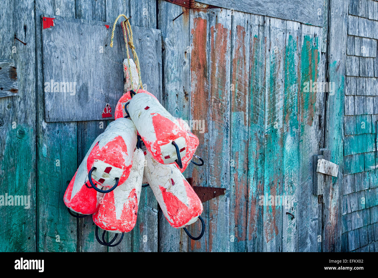 Buoys hanging on shed wall, Hunt's Point, Nova Scotia, Canada. Stock Photo