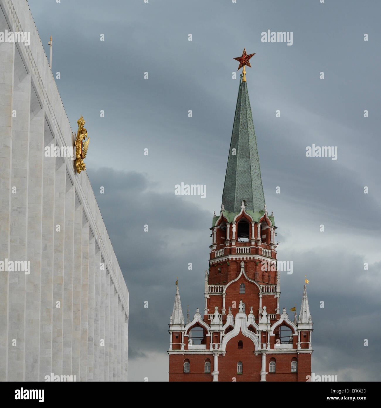 The Trinity Tower (Troitskaya) of the Kremlin, Moscow - The State Kremlin Palace and Trinity Gate (Troitskaya) Tower Stock Photo