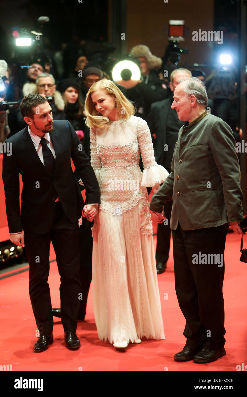 Berlin, Germany. 6th Feb, 2015. (Lto R) James Franco, Nicole Kidman and director Werner Herzog pose for photos on the red carpet for the movie 'Queen of the Desert' at the 65th Berlinale International Film Festival in Berlin, Germany, on Feb. 6, 2015. Credit:  Zhang Fan/Xinhua/Alamy Live News Stock Photo