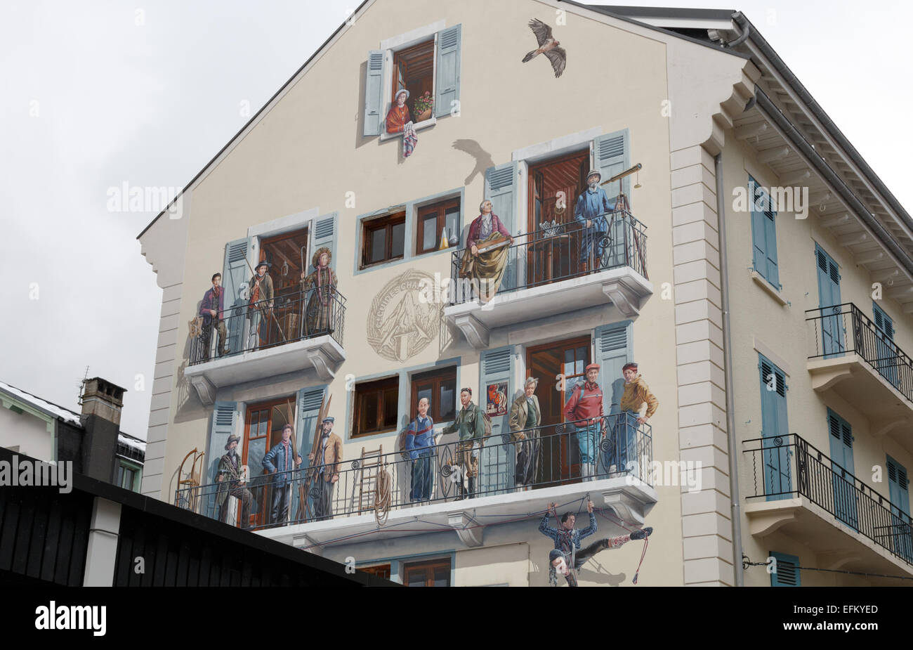 Mural painted on the wall of a building in Rue Doctier Paccard in Chamonix celebrates the Chamonix mountain guides the ' Compagnie des Guides'. Stock Photo