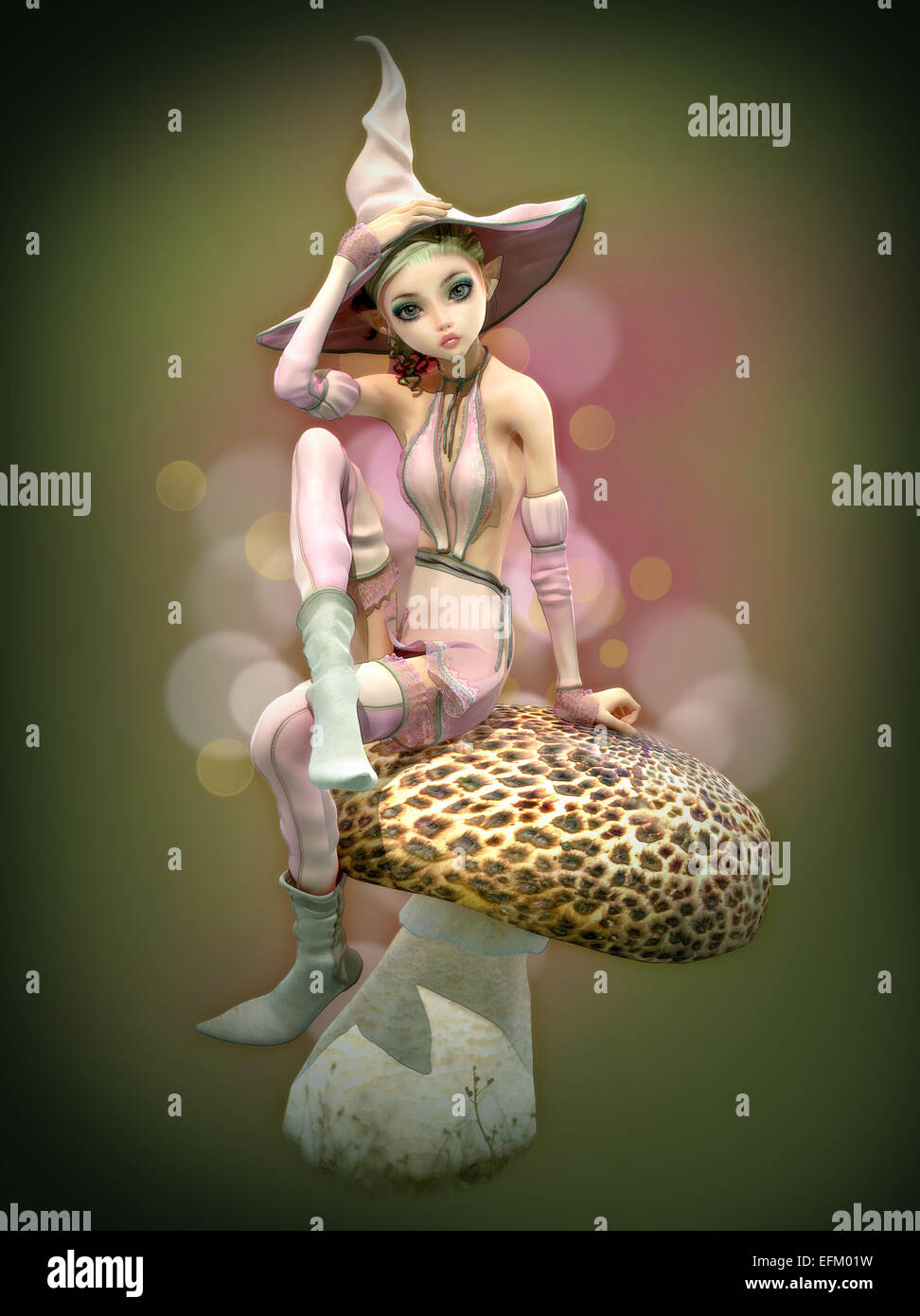 3d computer graphics of an elf with witch hat sitting on a mushroom Stock Photo