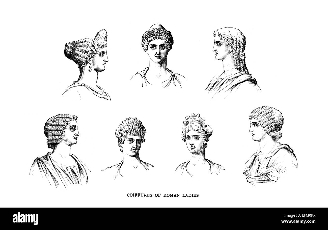Victorian engraving of hair stlyes of ancient Roman women. Digitally restored image from a mid-19th century Encyclopaedia. Stock Photo