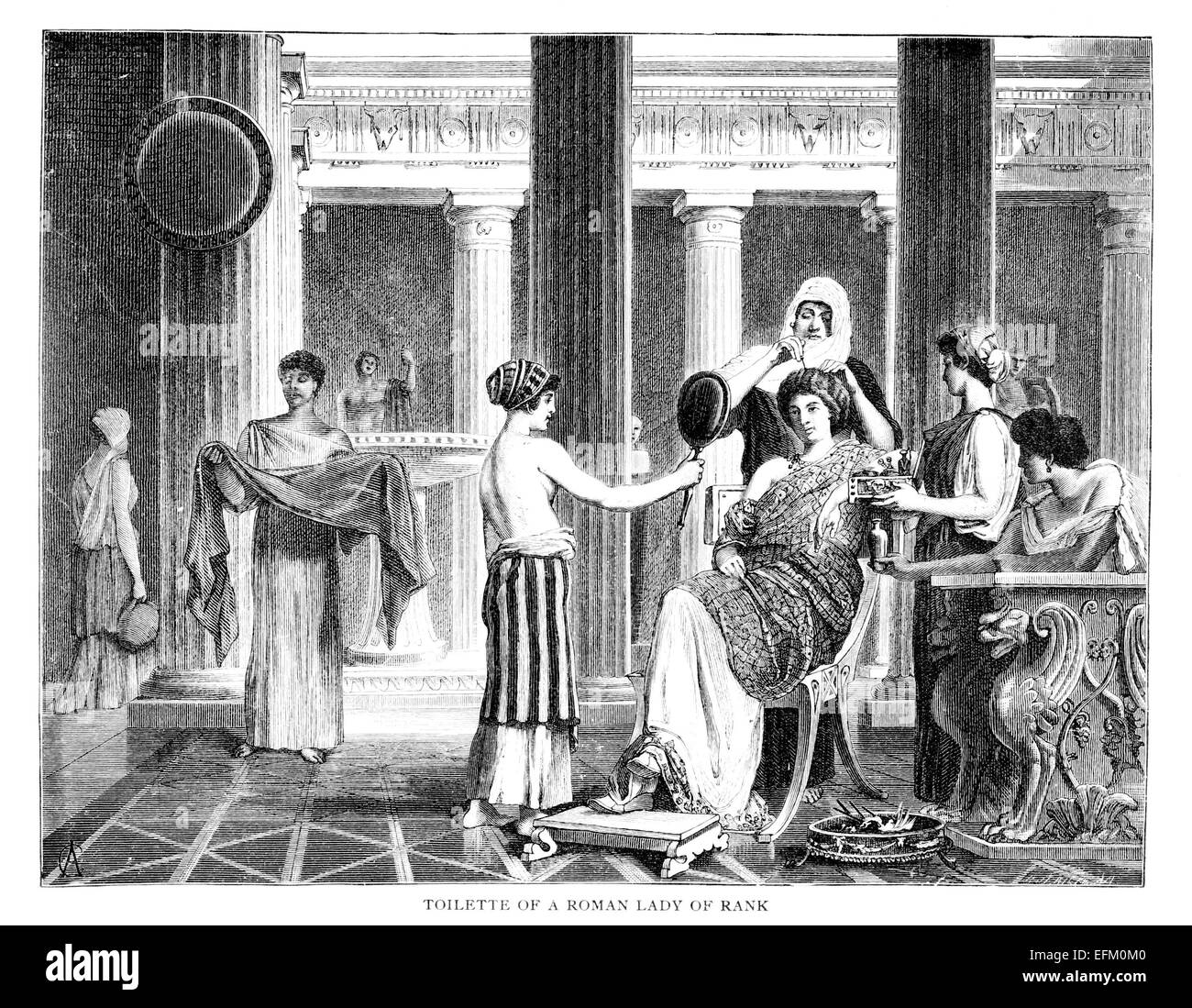 Victorian engraving of a wealthy Roman woman getting dressed. Digitally restored image from a mid-19th century Encyclopaedia. Stock Photo