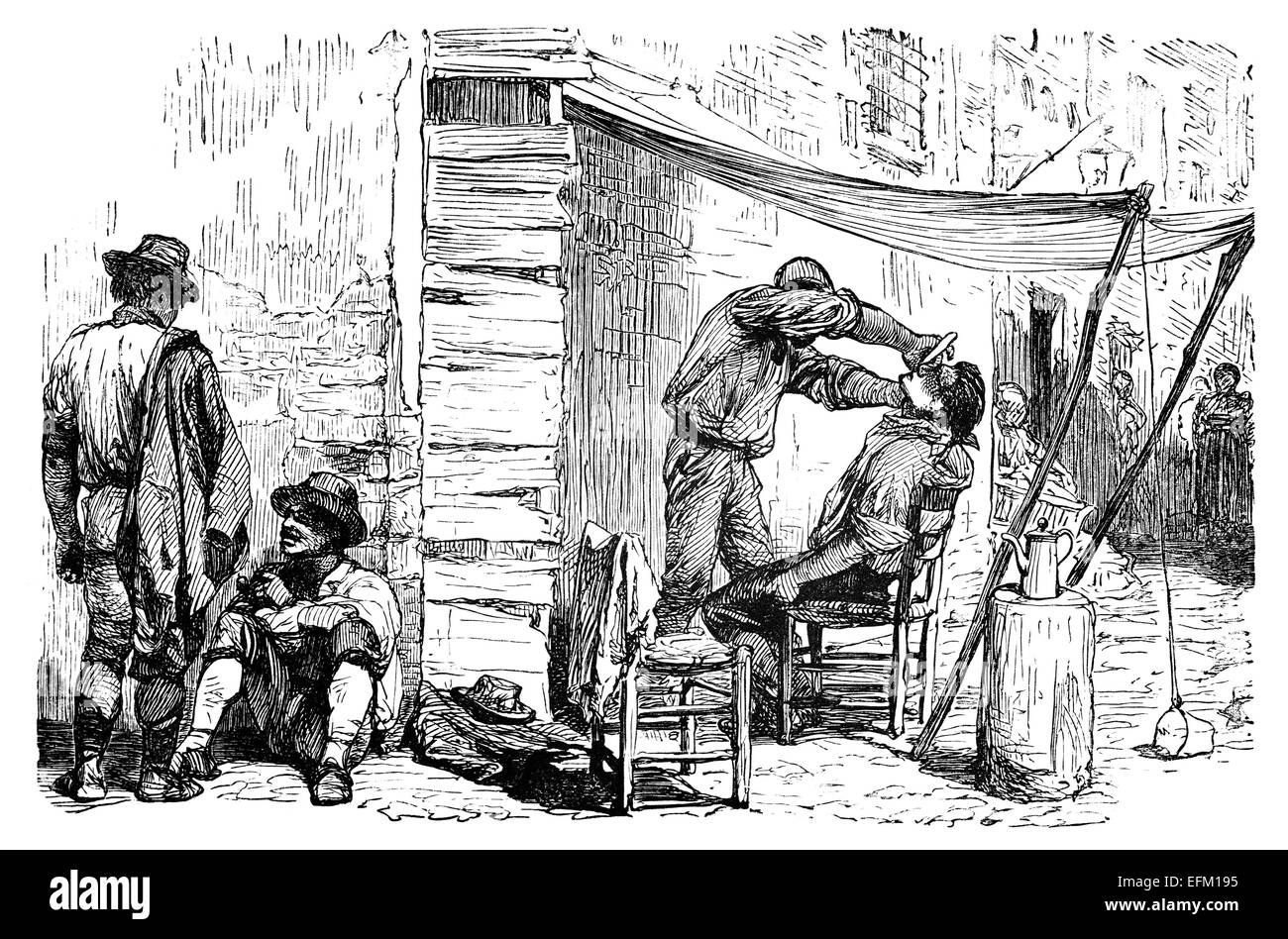 19th century engraving of a street scene where a barber is shaving a man, Rome, Italy Stock Photo