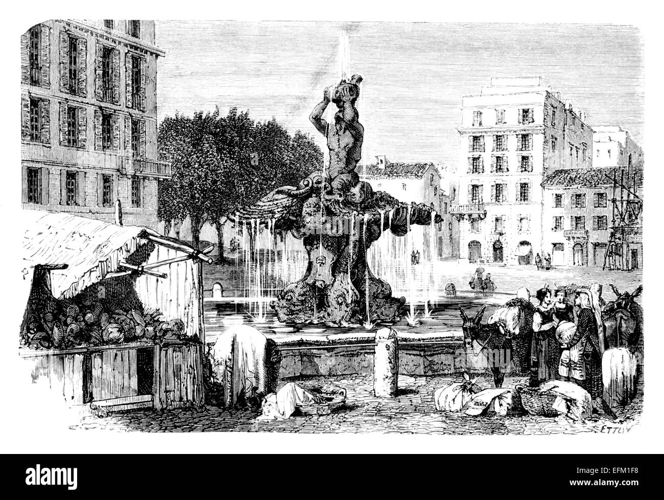 Victorian engraving of a fountain and piazza, Rome, Italy Stock Photo