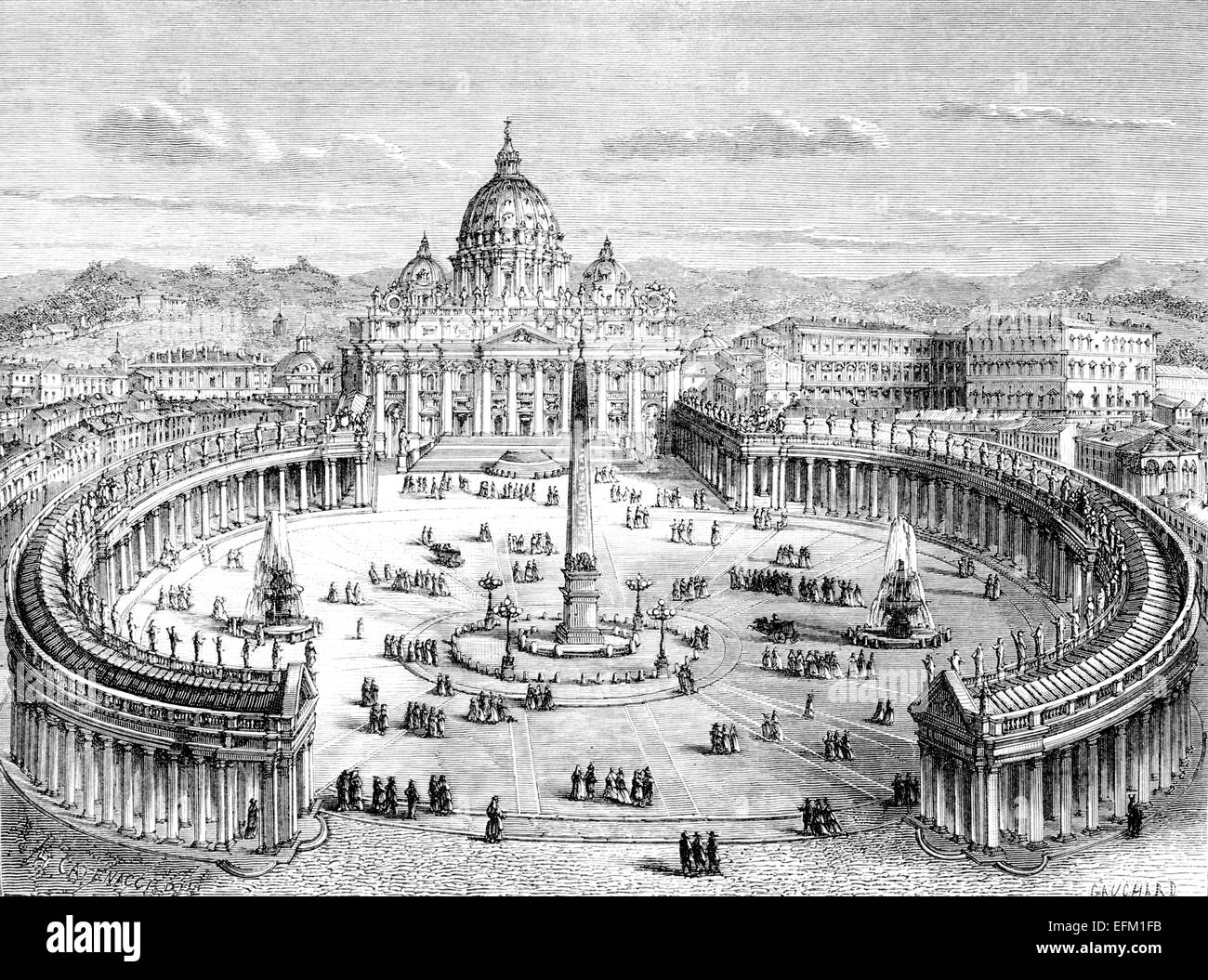 Victorian engraving of St. Peter's Square, Vatican, Rome, Italy Stock Photo