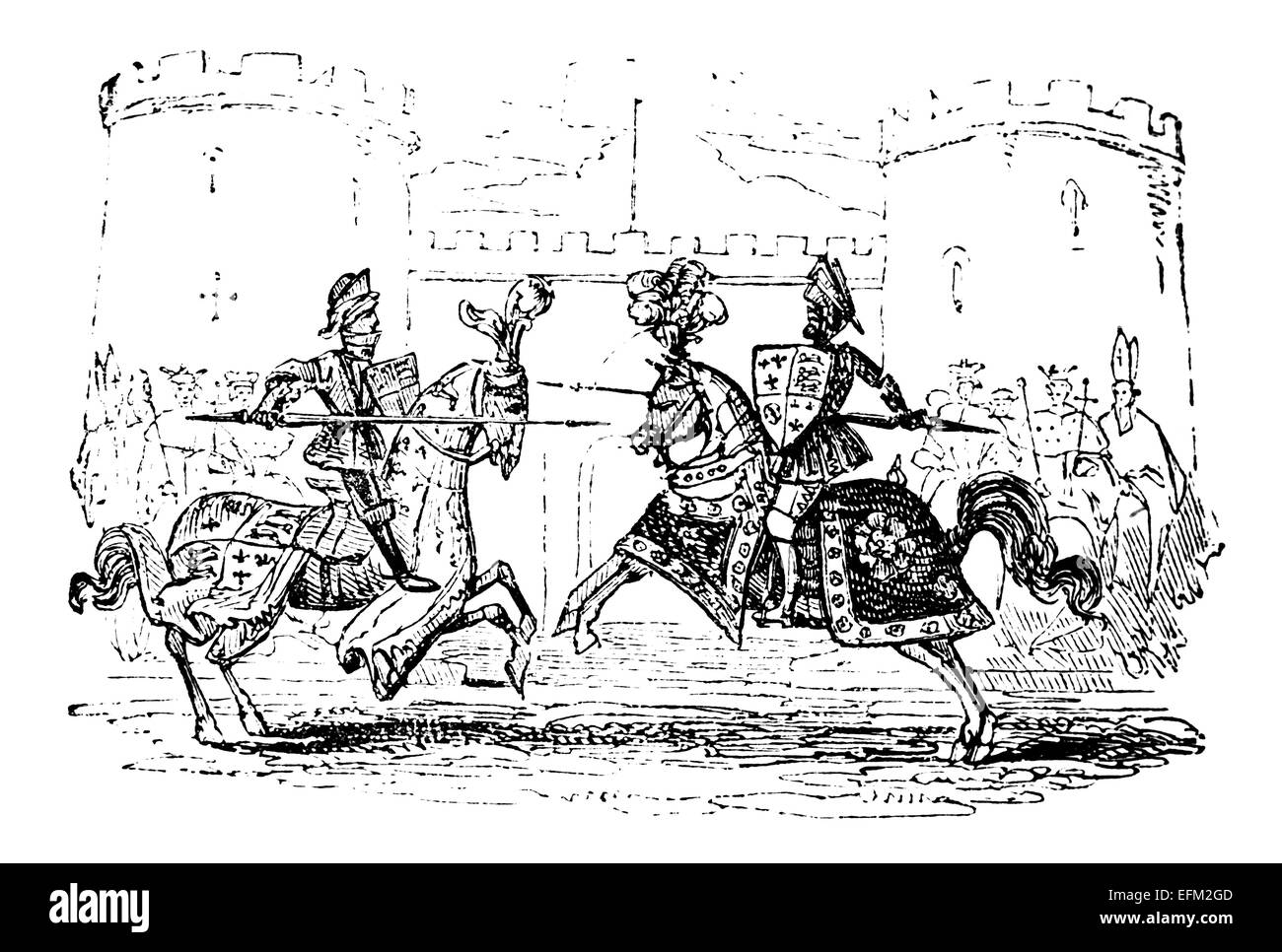 19th century engraving of knights jousting in front of a castle Stock Photo