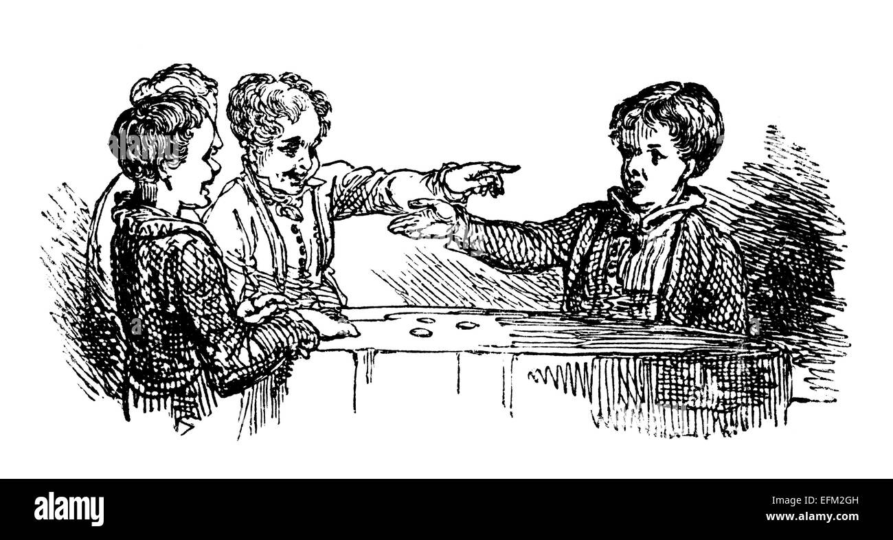 19th century engraving of boys pointing at each other Stock Photo