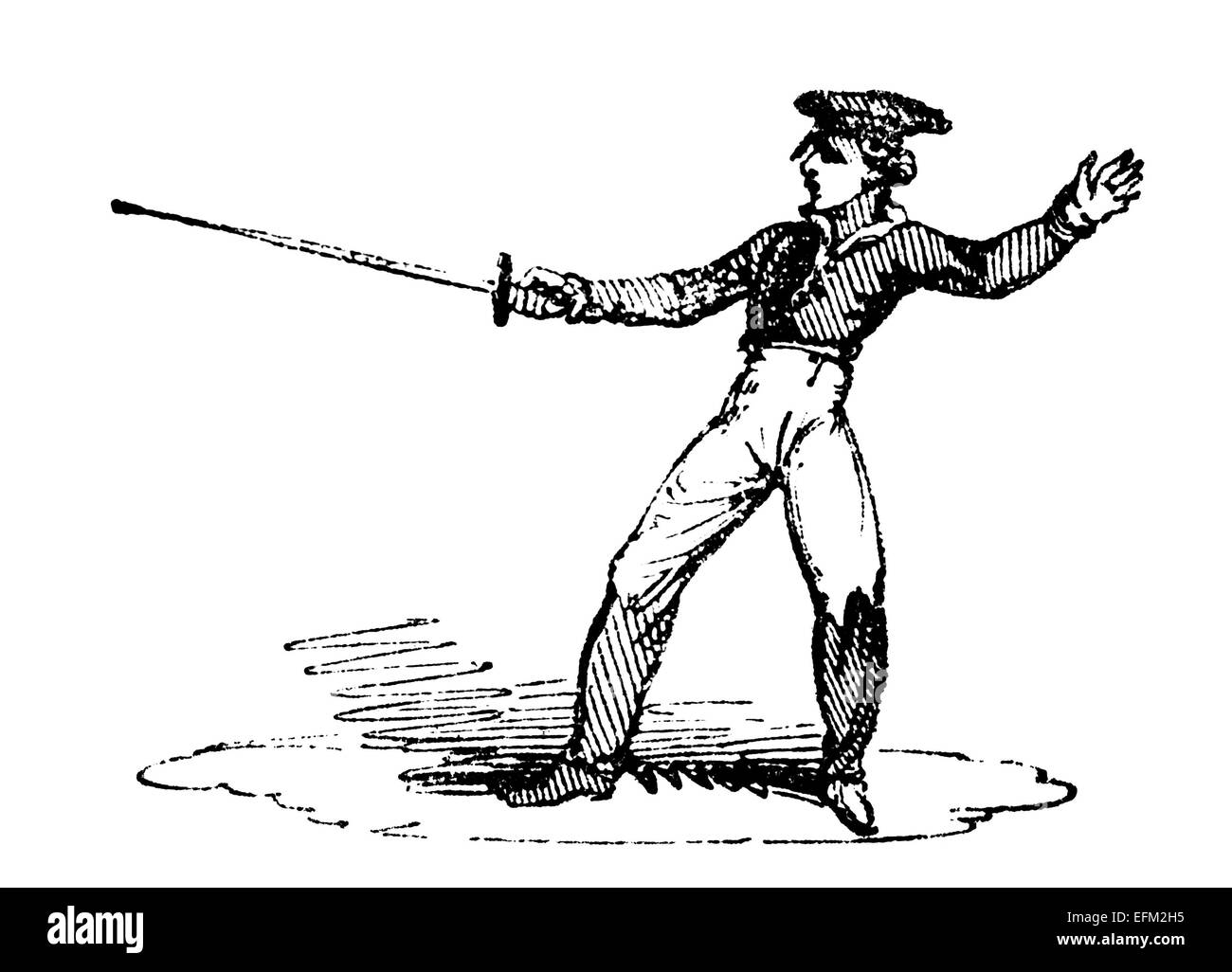 19th century engraving of a boy fencing with a sword Stock Photo