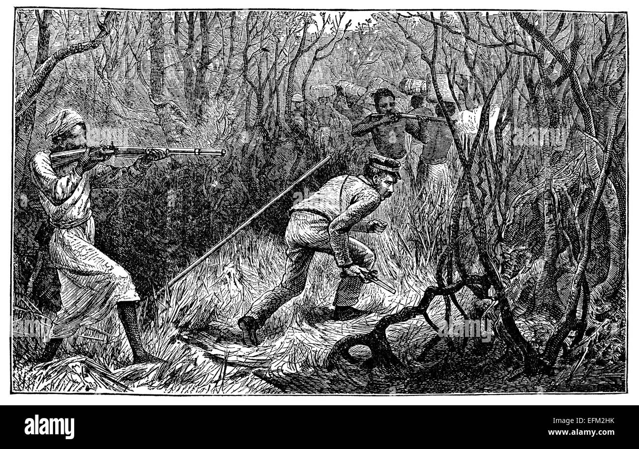 19th century engraving of a scene in Africa with people with guns in the forest Stock Photo