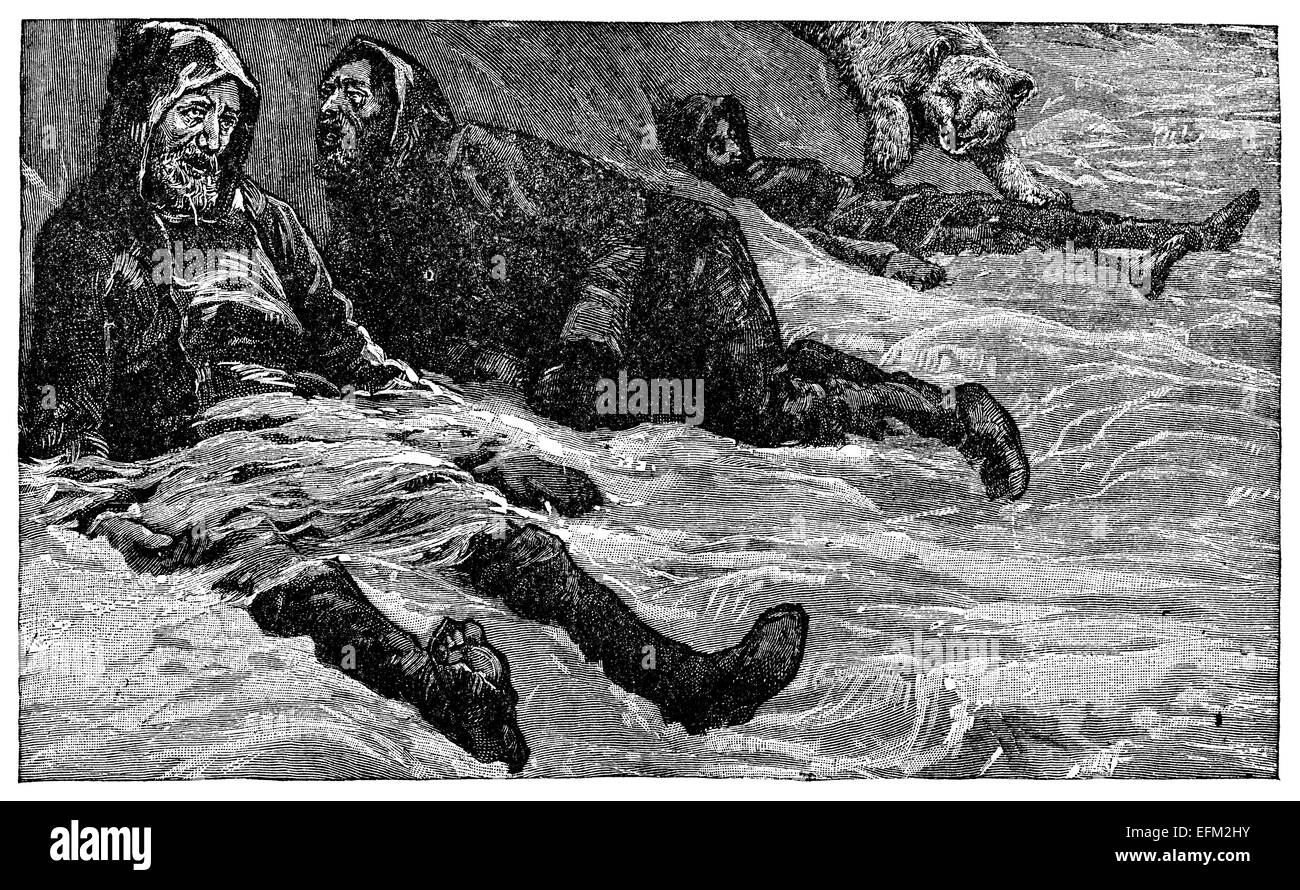 19th century engraving of men freezing in the arctic Stock Photo