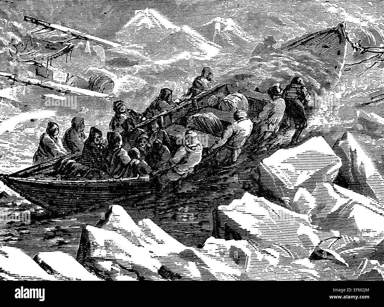 19th century engraving of a boat stuck in the Northwest Passage, arctic Stock Photo