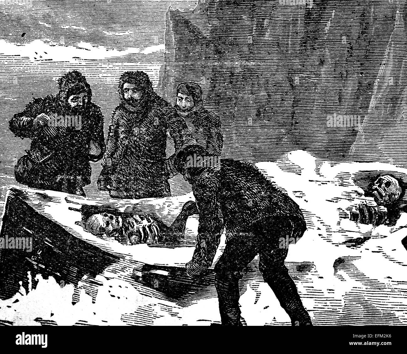 19th century engraving of explorers finding skeletons in a boat in the Northwest Passage, Arctic Stock Photo