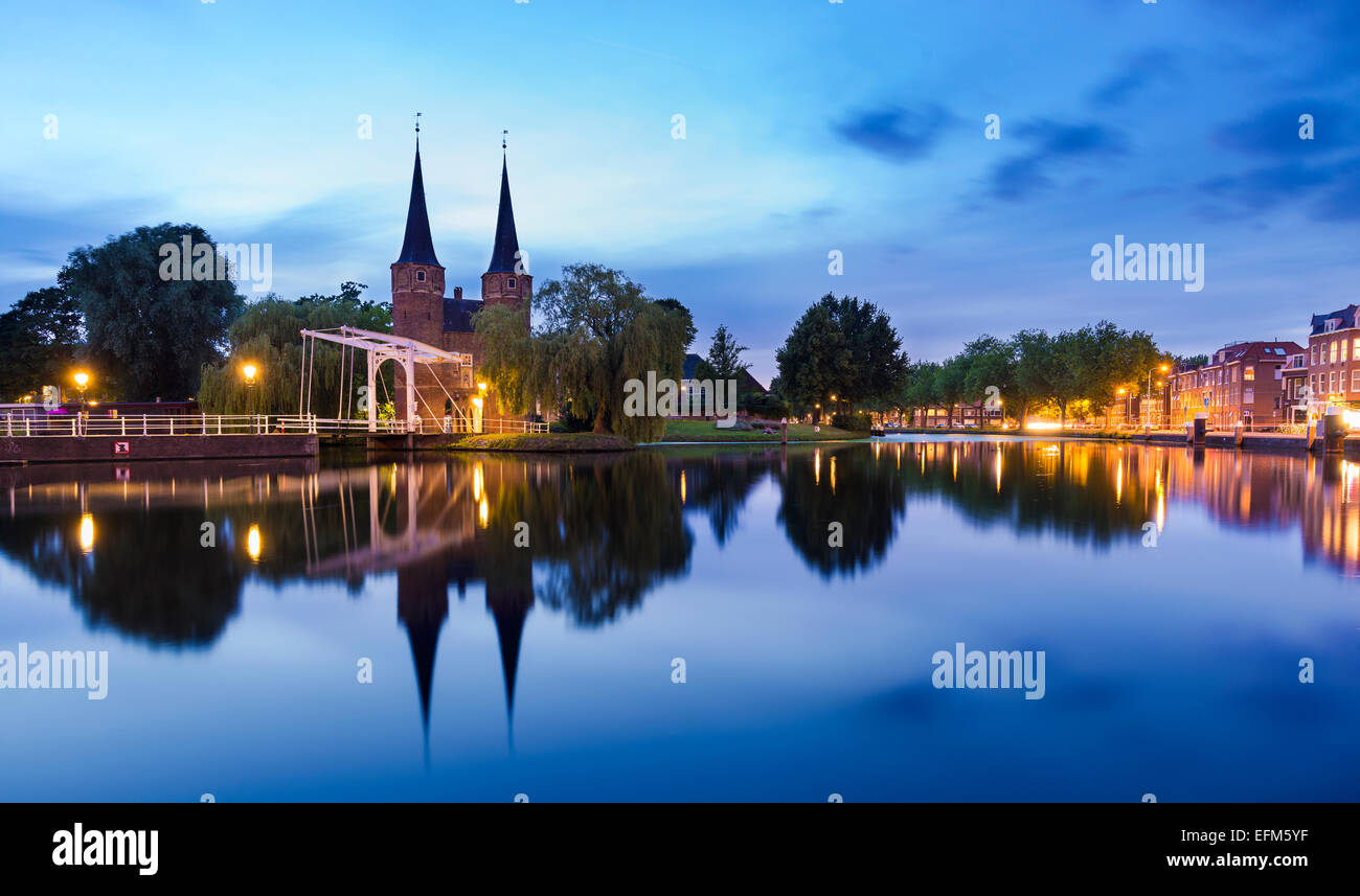View of the Eastern Gate (Oostpoort), along the Delftse Schie canal, Delft, The Netherlands Stock Photo