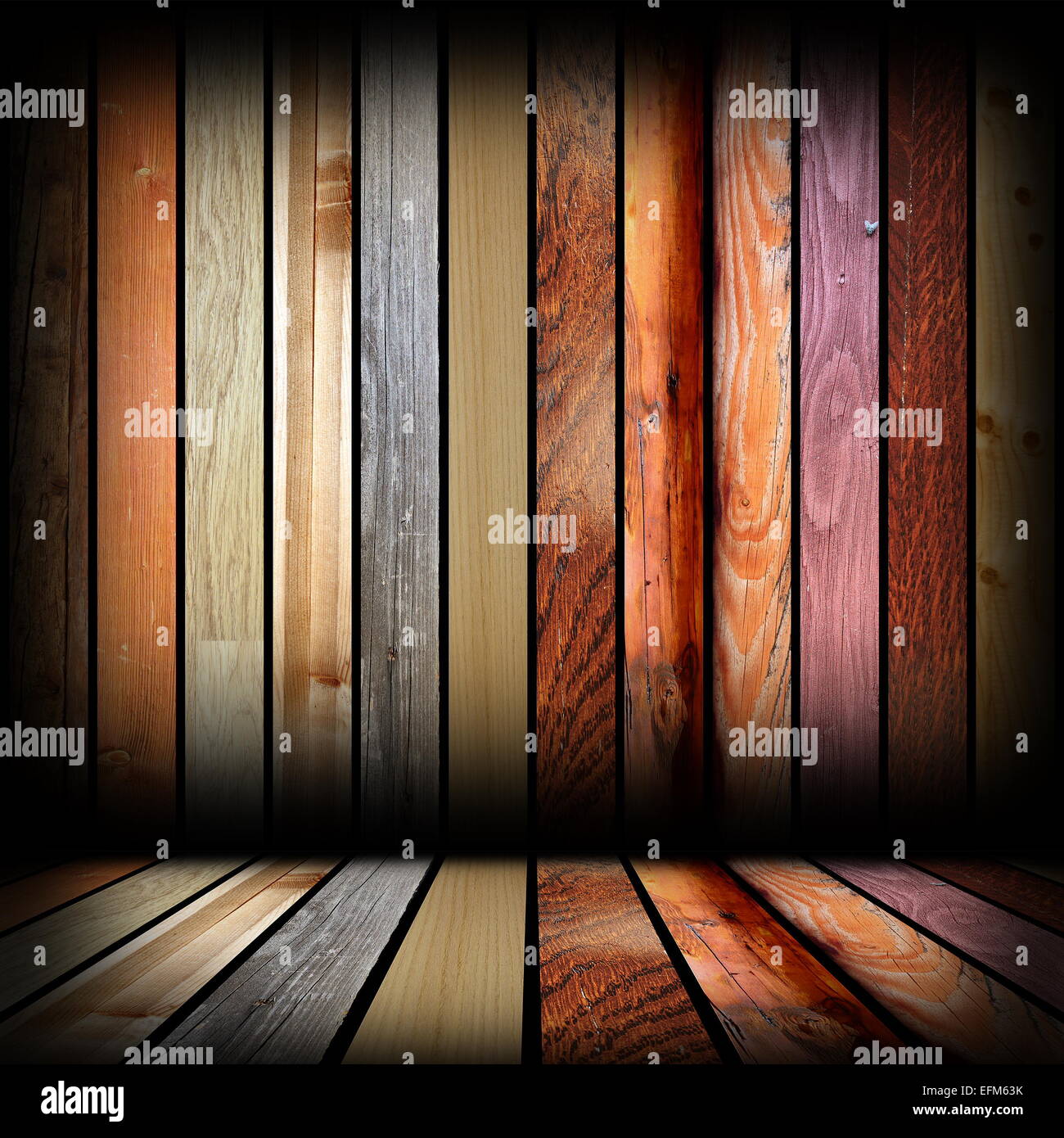 planks of different colors on  interior architectural backdrop, empty abstract room for your design Stock Photo