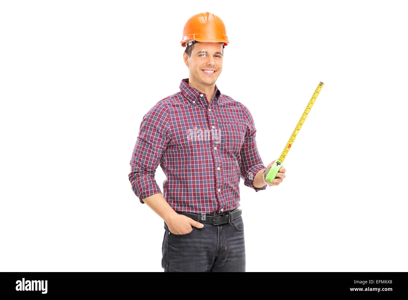 An architect holding a tape measure isolated on white background Stock