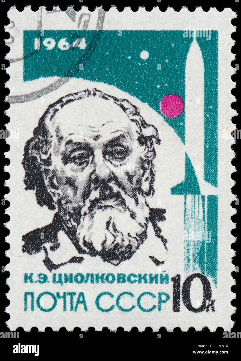 USSR - CIRCA 1964:A post stamp printed by Russia, shows portrait of Konstantin Tsiolkovsky, circa 1964. Stock Photo