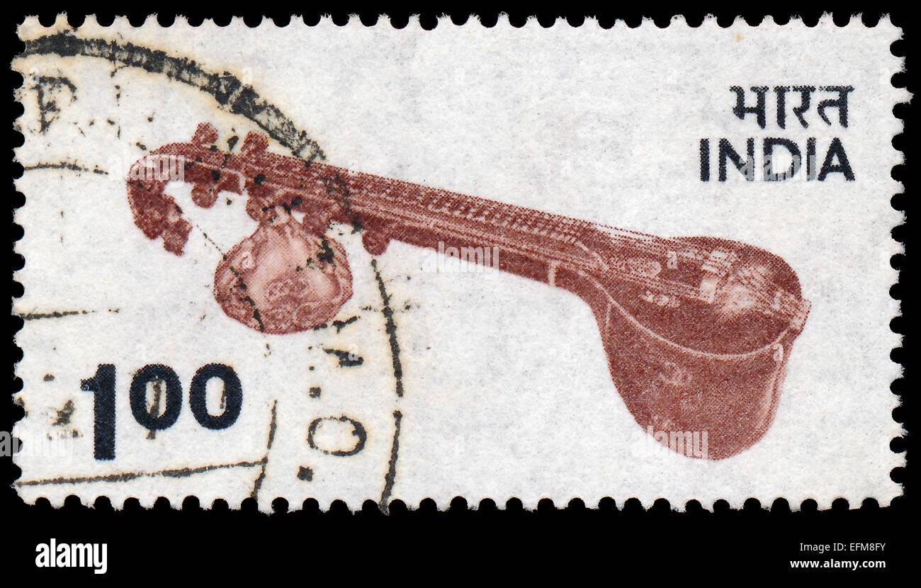 INDIA - CIRCA 1974: A stamp printed in India, shows Veena - plucked string instrument used in Hindustani classical music, circa Stock Photo