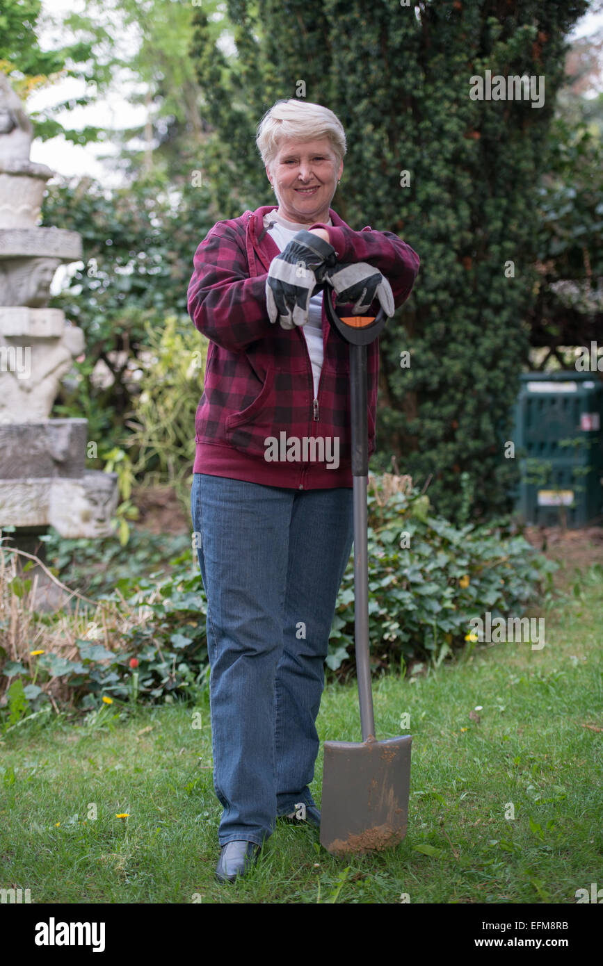 senior woman gardening, using spade Stock Photo - Alamy