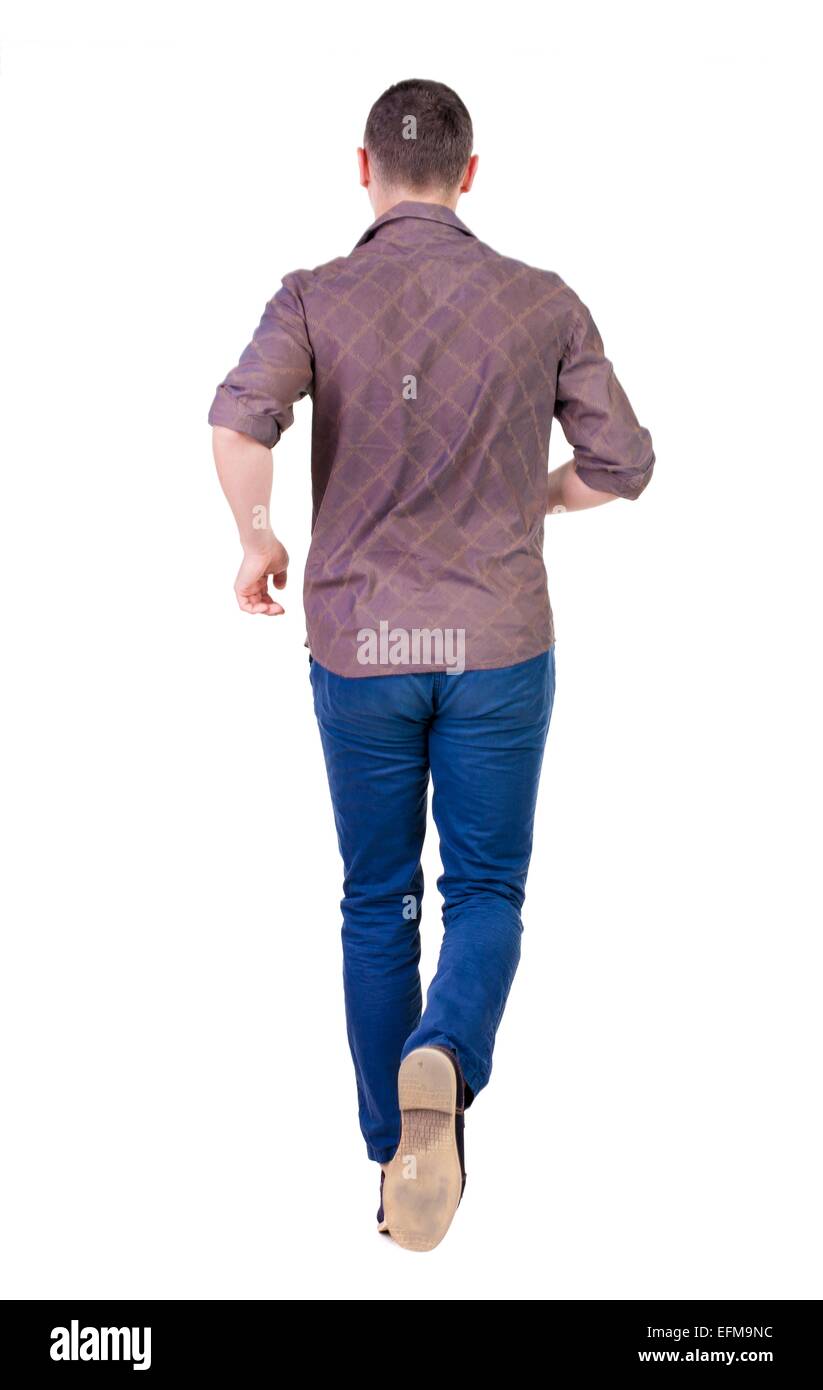 Back view of running man in brown shirt. Walking guy in motion. Rear ...