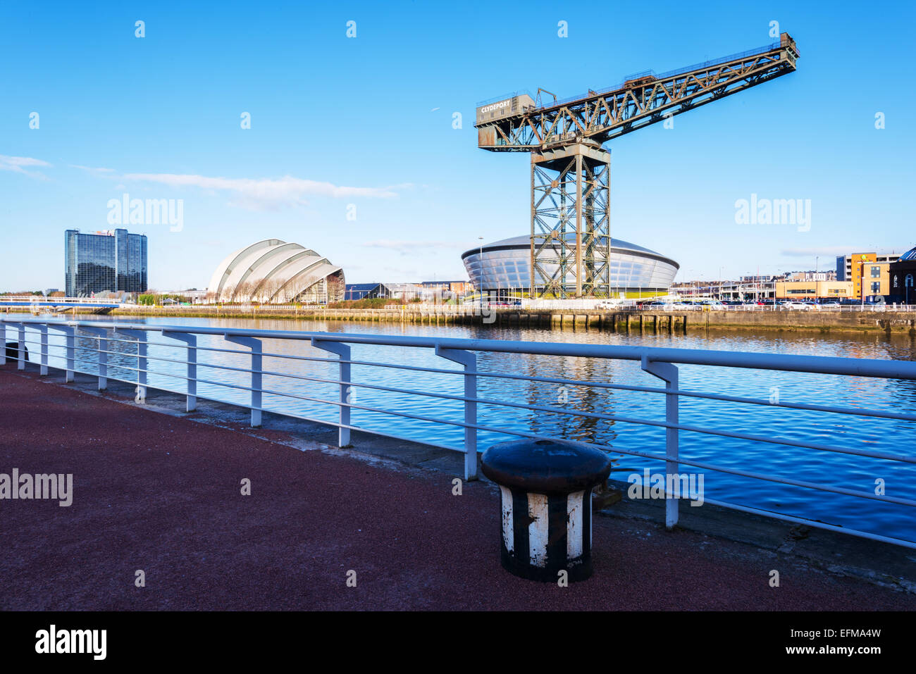 River Clyde walkway looking to the Hydro, the SECC (Armadillo), he Finnieston Crane and the bells Bridge, Glasgow, Scotland, UK. Stock Photo